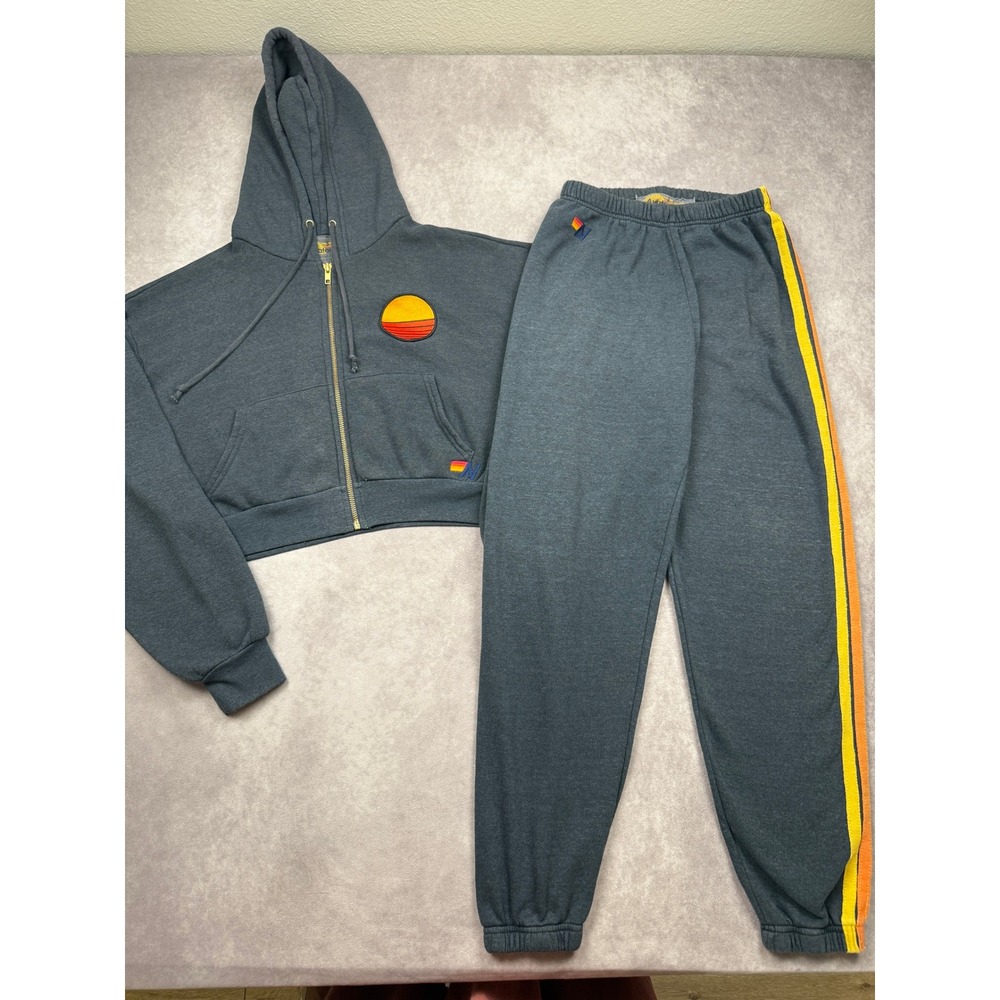 Aviator Nation Womens S Charcoal Rainbow Stripe Cropped Hoodie Sweatpants Set